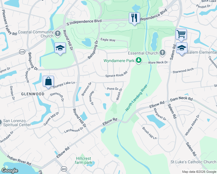 map of restaurants, bars, coffee shops, grocery stores, and more near 3529 Pons Drive in Virginia Beach