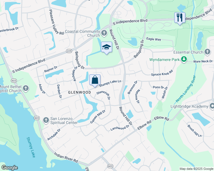 map of restaurants, bars, coffee shops, grocery stores, and more near 3785 Stumpy Lake Lane in Virginia Beach