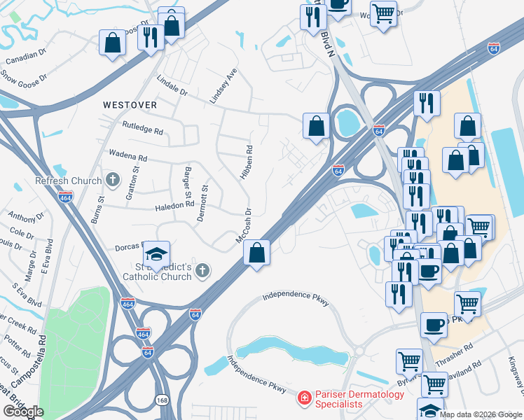 map of restaurants, bars, coffee shops, grocery stores, and more near 325 Haledon Road in Chesapeake
