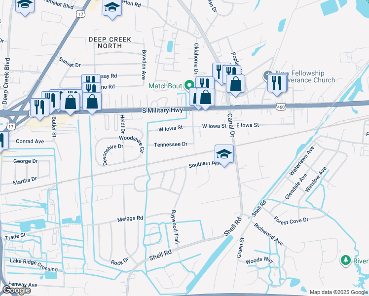 map of restaurants, bars, coffee shops, grocery stores, and more near 2225 Tennessee Drive in Chesapeake