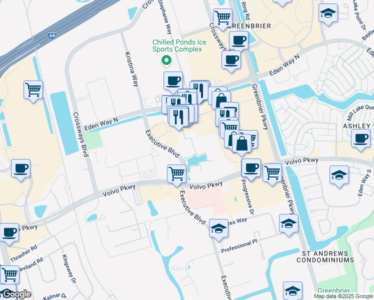 map of restaurants, bars, coffee shops, grocery stores, and more near 1317 Executive Boulevard in Chesapeake