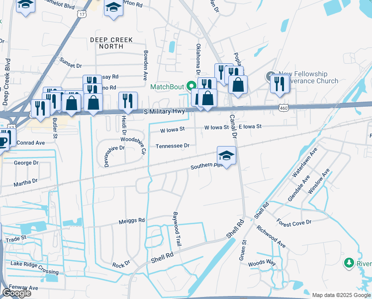 map of restaurants, bars, coffee shops, grocery stores, and more near 2225 Tennessee Drive in Chesapeake