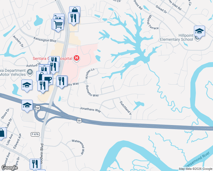 map of restaurants, bars, coffee shops, grocery stores, and more near 235 Burnetts Way in Suffolk