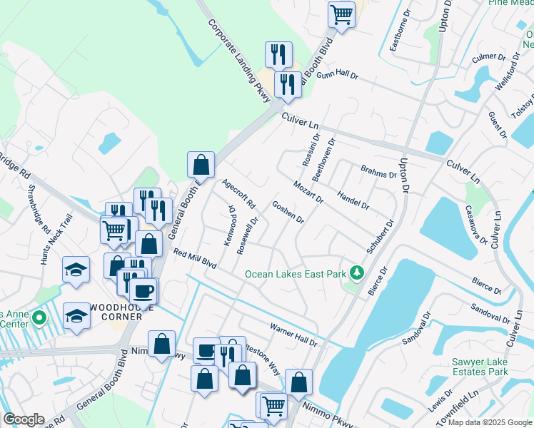 map of restaurants, bars, coffee shops, grocery stores, and more near 2097 Agecroft Road in Virginia Beach