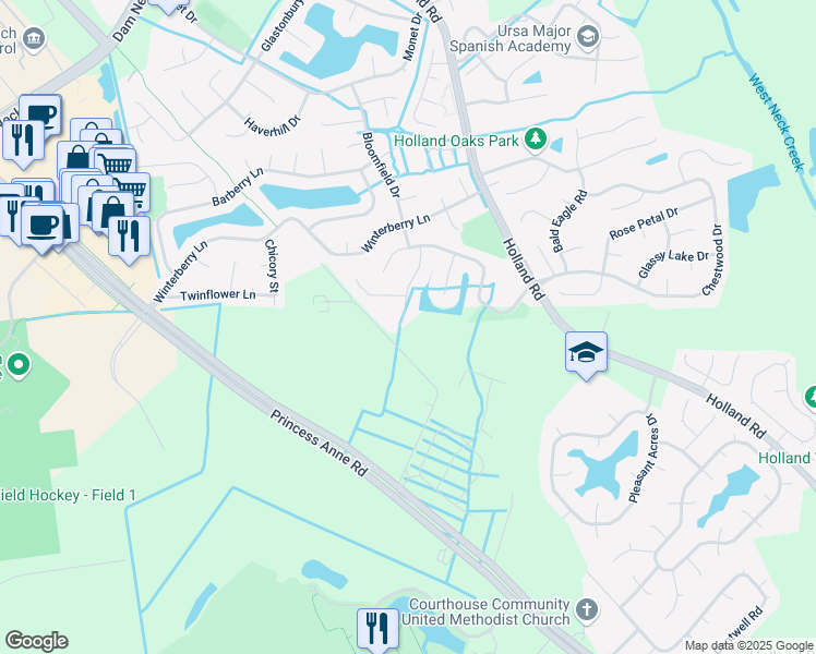 map of restaurants, bars, coffee shops, grocery stores, and more near 2052 Aloma Drive in Virginia Beach