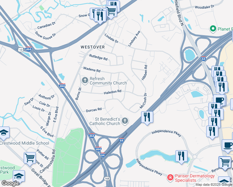 map of restaurants, bars, coffee shops, grocery stores, and more near 1003 Haledon Road in Chesapeake