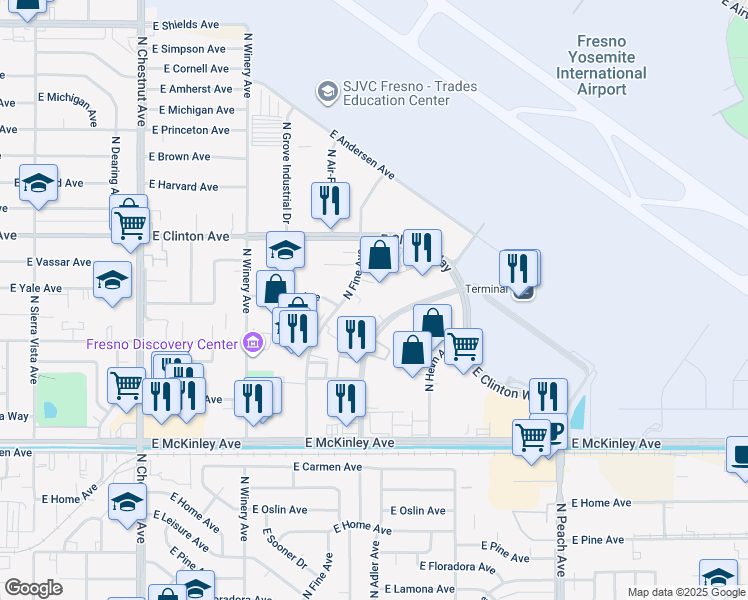 map of restaurants, bars, coffee shops, grocery stores, and more near 2134 North Fine Avenue in Fresno