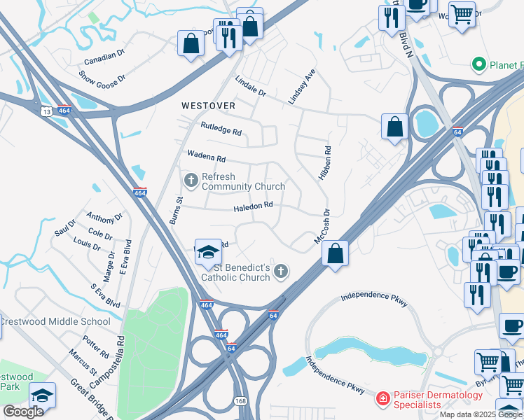 map of restaurants, bars, coffee shops, grocery stores, and more near 1003 Haledon Road in Chesapeake