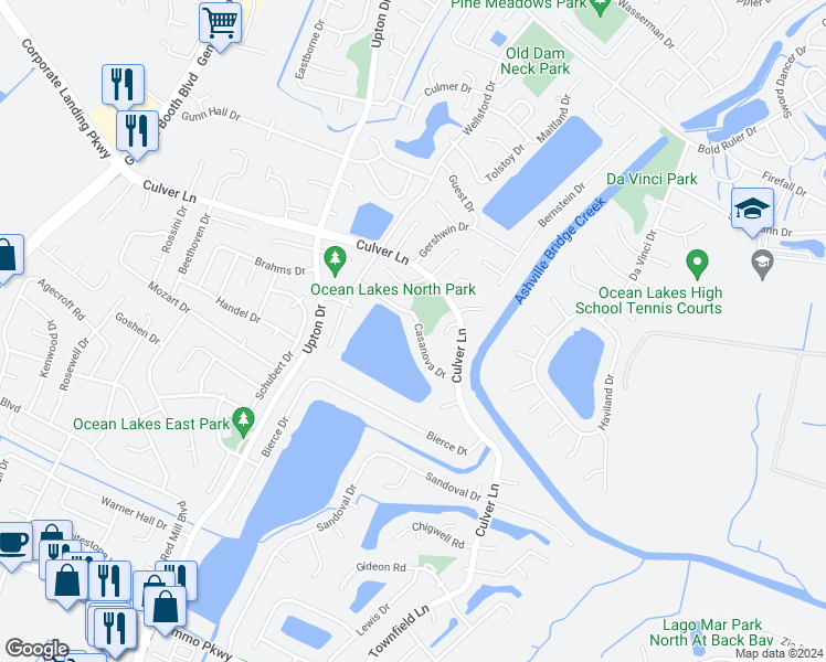 map of restaurants, bars, coffee shops, grocery stores, and more near 1037 Casanova Drive in Virginia Beach