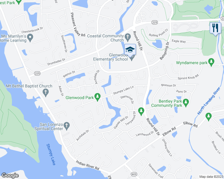 map of restaurants, bars, coffee shops, grocery stores, and more near 2408 Stumpy Lake Court in Virginia Beach