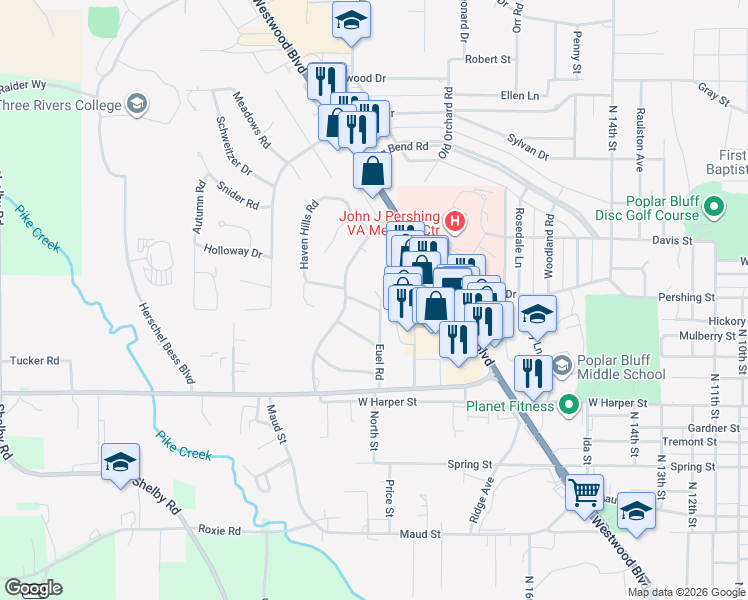 map of restaurants, bars, coffee shops, grocery stores, and more near 1320 Euel Road in Poplar Bluff