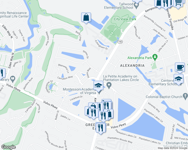 map of restaurants, bars, coffee shops, grocery stores, and more near 1500 Blade Court in Chesapeake