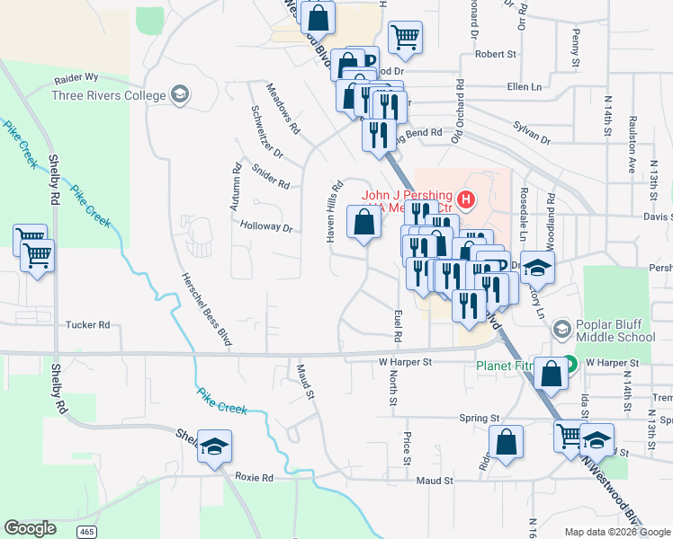 map of restaurants, bars, coffee shops, grocery stores, and more near 2051 King Road in Poplar Bluff