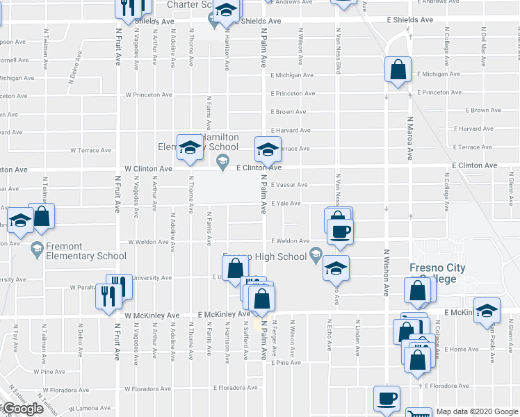 map of restaurants, bars, coffee shops, grocery stores, and more near 244 E Yale Ave in Fresno