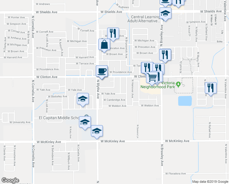 map of restaurants, bars, coffee shops, grocery stores, and more near 4322 West Cambridge Avenue in Fresno