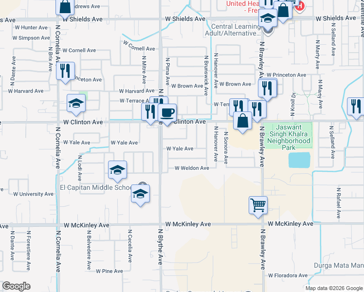 map of restaurants, bars, coffee shops, grocery stores, and more near 4322 West Cambridge Avenue in Fresno