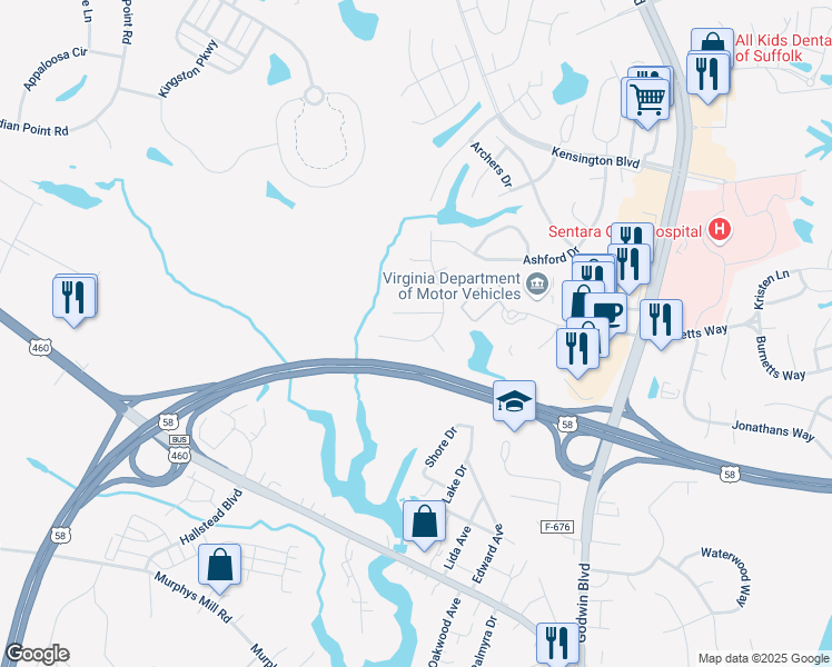 map of restaurants, bars, coffee shops, grocery stores, and more near 135 Berkshire Boulevard in Suffolk