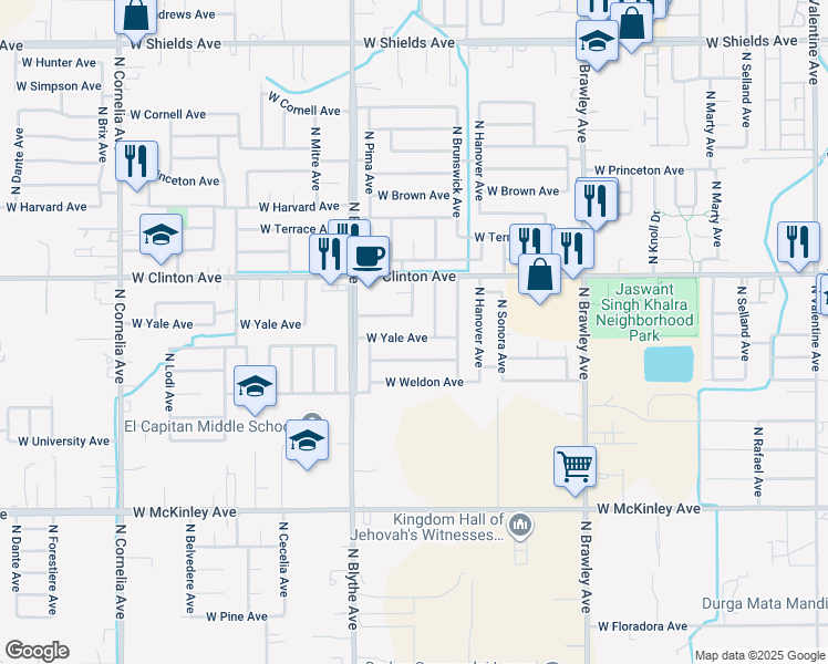 map of restaurants, bars, coffee shops, grocery stores, and more near 4296 West Yale Avenue in Fresno