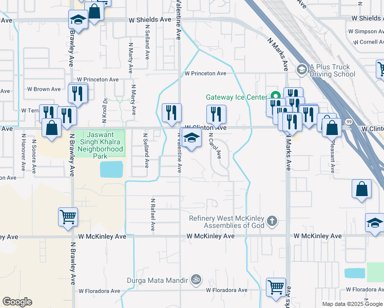 map of restaurants, bars, coffee shops, grocery stores, and more near 2280 North Valentine Avenue in Fresno