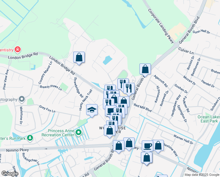 map of restaurants, bars, coffee shops, grocery stores, and more near 2165 Weybridge Drive in Virginia Beach