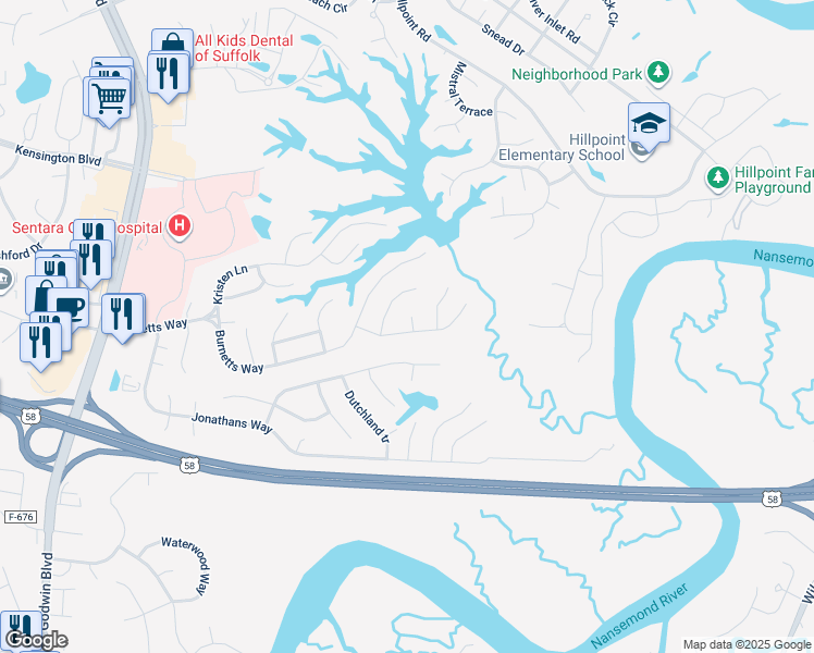 map of restaurants, bars, coffee shops, grocery stores, and more near 117 Mallard Drive in Suffolk
