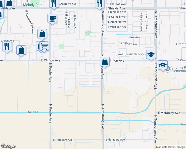 map of restaurants, bars, coffee shops, grocery stores, and more near 2187-2399 North Armstrong Avenue in Fresno
