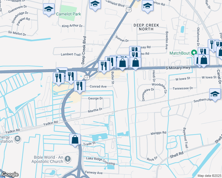 map of restaurants, bars, coffee shops, grocery stores, and more near 817 Custis Avenue in Chesapeake