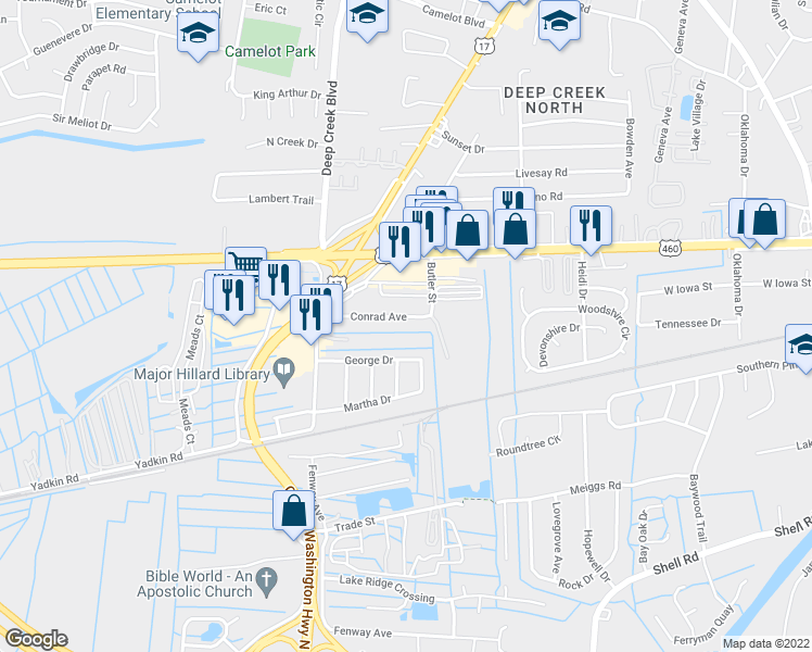 map of restaurants, bars, coffee shops, grocery stores, and more near 2709 Conrad Avenue in Chesapeake
