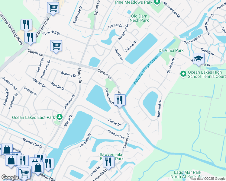 map of restaurants, bars, coffee shops, grocery stores, and more near 1913 Bizet Court in Virginia Beach
