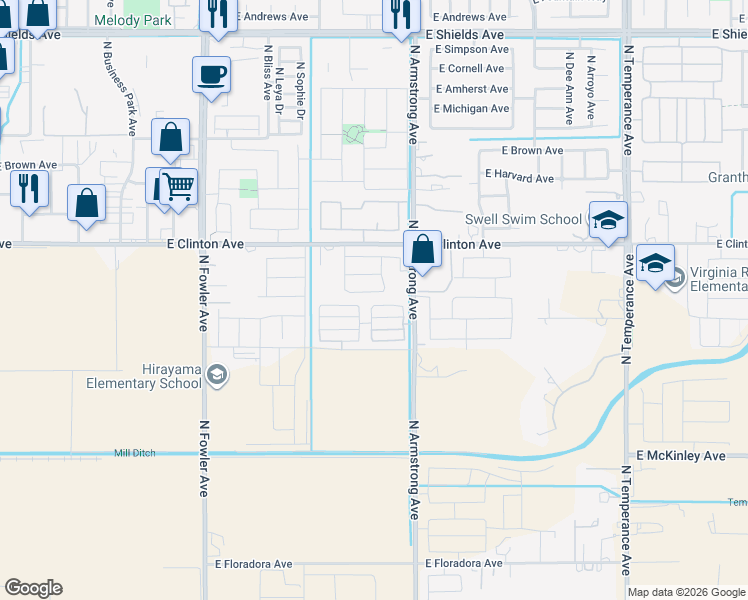 map of restaurants, bars, coffee shops, grocery stores, and more near 2187-2399 North Armstrong Avenue in Fresno