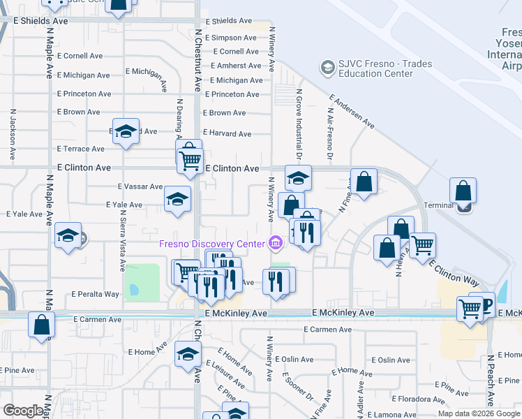 map of restaurants, bars, coffee shops, grocery stores, and more near 2042 North Laureen Avenue in Fresno