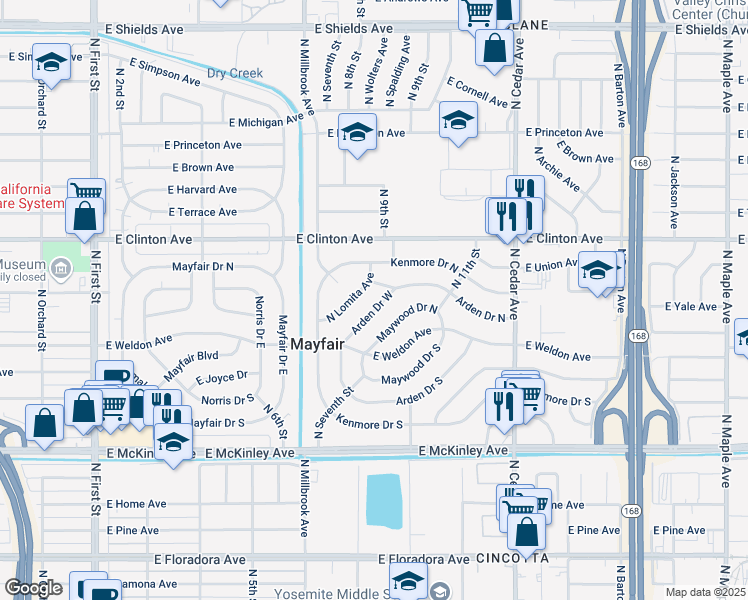 map of restaurants, bars, coffee shops, grocery stores, and more near 2135 Arden Drive South in Fresno