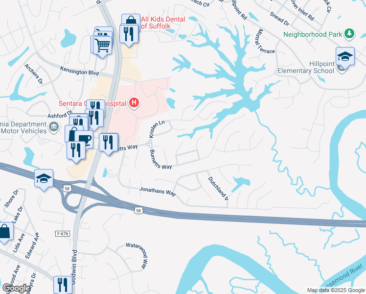 map of restaurants, bars, coffee shops, grocery stores, and more near 112 Poplar Grove Crescent in Suffolk