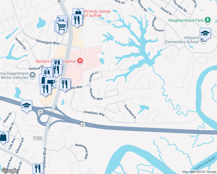 map of restaurants, bars, coffee shops, grocery stores, and more near 112 Poplar Grove Crescent in Suffolk