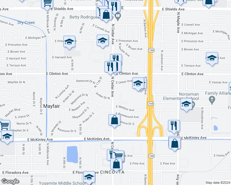 map of restaurants, bars, coffee shops, grocery stores, and more near 2126 North Cedar Avenue in Fresno