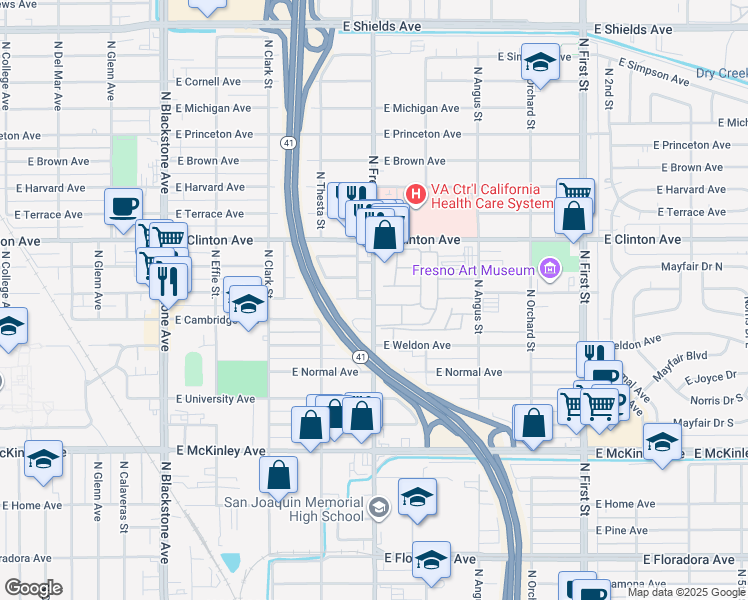 map of restaurants, bars, coffee shops, grocery stores, and more near 2134 North Fresno Street in Fresno