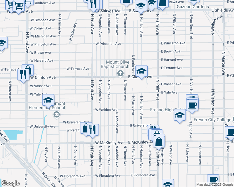 map of restaurants, bars, coffee shops, grocery stores, and more near West Yale Avenue & North Adoline Avenue in Fresno