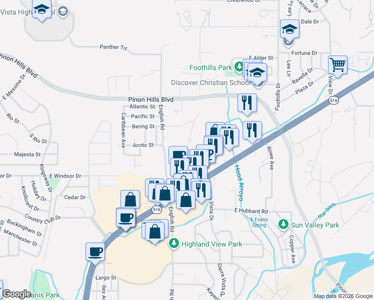 map of restaurants, bars, coffee shops, grocery stores, and more near 4707 Hilltop Court in Farmington