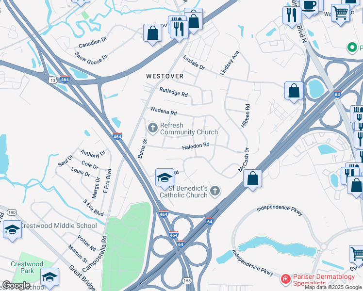 map of restaurants, bars, coffee shops, grocery stores, and more near 910 Haledon Road in Chesapeake
