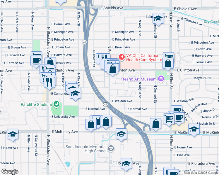 map of restaurants, bars, coffee shops, grocery stores, and more near 2170 North Fresno Street in Fresno