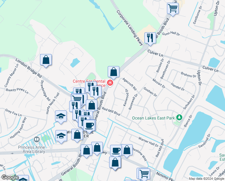 map of restaurants, bars, coffee shops, grocery stores, and more near 2165 Agecroft Road in Virginia Beach