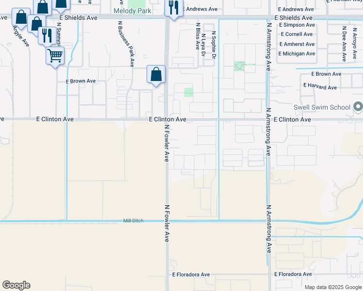 map of restaurants, bars, coffee shops, grocery stores, and more near 6137 East Clinton Avenue in Fresno