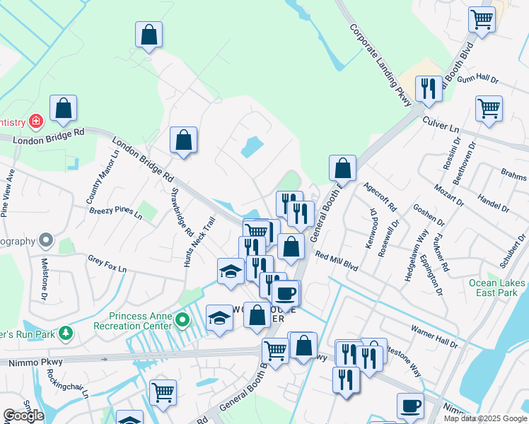 map of restaurants, bars, coffee shops, grocery stores, and more near 2165 Weybridge Drive in Virginia Beach