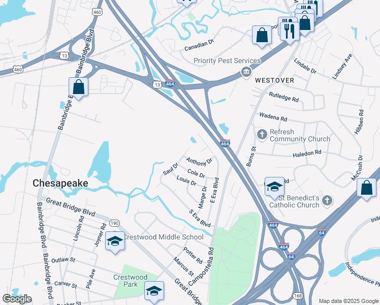 map of restaurants, bars, coffee shops, grocery stores, and more near 1249 Saul Drive in Chesapeake