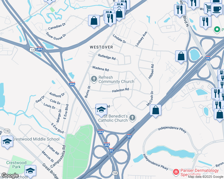 map of restaurants, bars, coffee shops, grocery stores, and more near 910 Haledon Road in Chesapeake