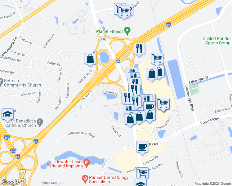 map of restaurants, bars, coffee shops, grocery stores, and more near 109 Gateway Court in Chesapeake