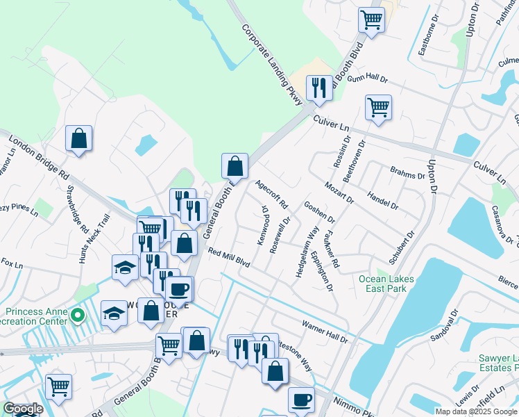 map of restaurants, bars, coffee shops, grocery stores, and more near 2149 Kenwood Drive in Virginia Beach
