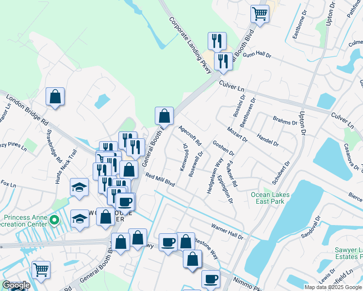 map of restaurants, bars, coffee shops, grocery stores, and more near 2149 Kenwood Drive in Virginia Beach