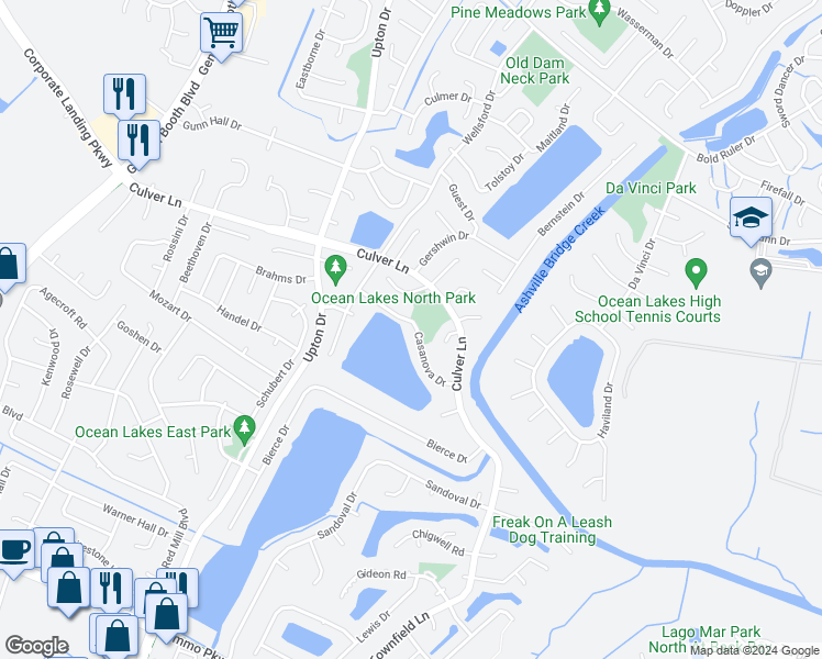 map of restaurants, bars, coffee shops, grocery stores, and more near 1045 Casanova Drive in Virginia Beach