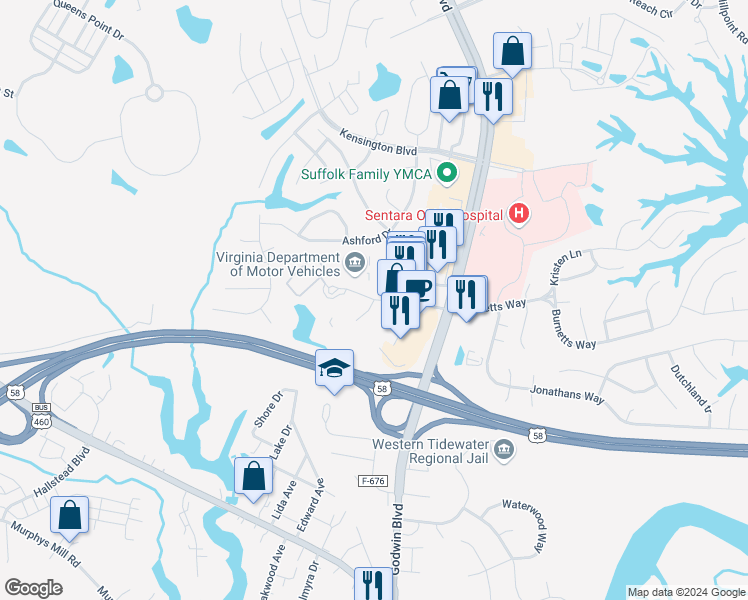 map of restaurants, bars, coffee shops, grocery stores, and more near 100 Romans Road in Suffolk